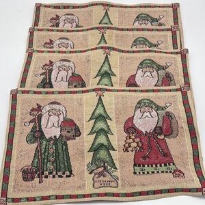 Vintage Lot of 4 Cloth Embroidered Santa Old Man Christmas Placemats